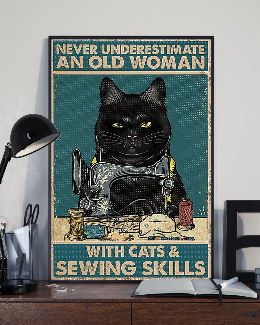 Black Cat Sewing Canvas Prints – Woman Black Cat Vintage Wall Art Home Decor Gifts