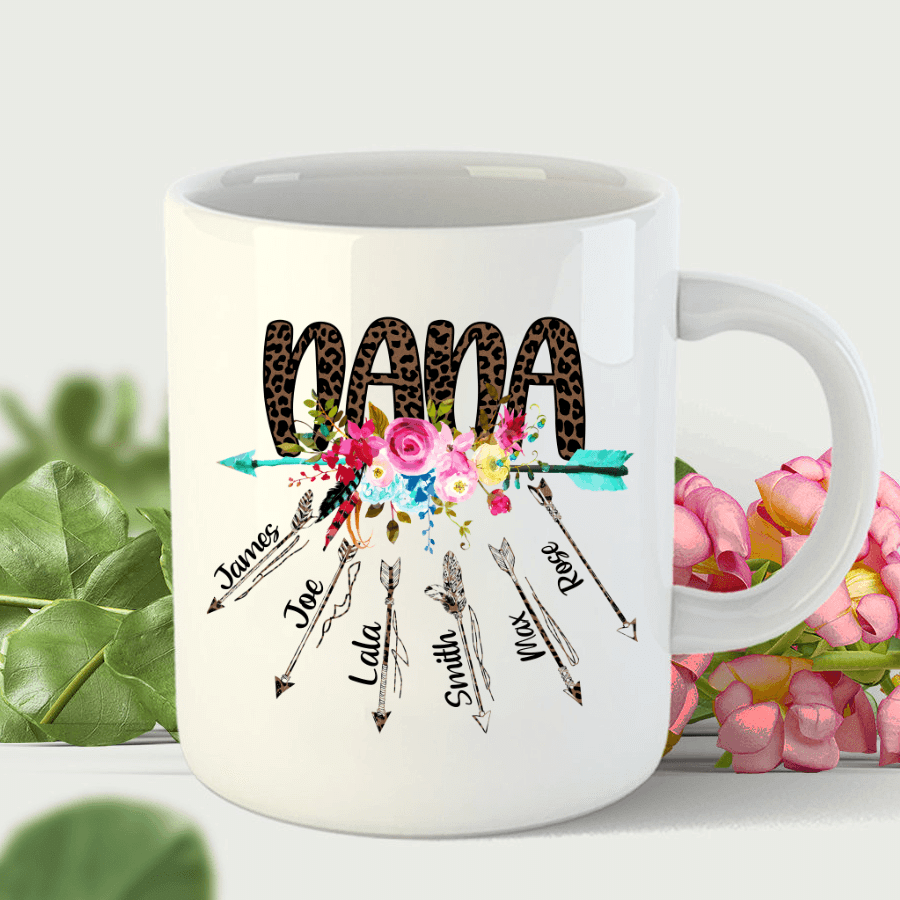 Nana Leopard Flower Arrow Kids Names Mug