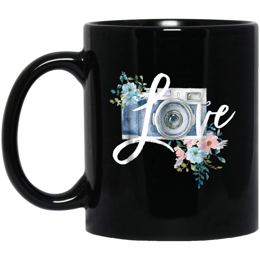 Photographer Gift Cute Shirt for Women Camera with Flowers Black Mug