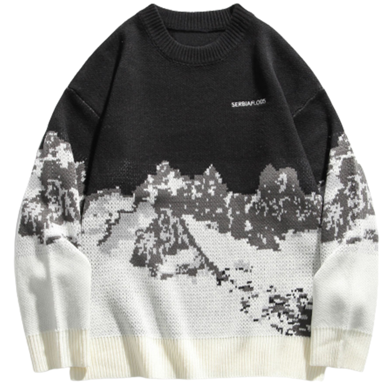 Snow Mountain Knitted Sweater Men Streetwear Hip Hop Harajuku Pullover Knitwear Tops 2022 Winter Fashion Jumper Vintage Sweaters alx