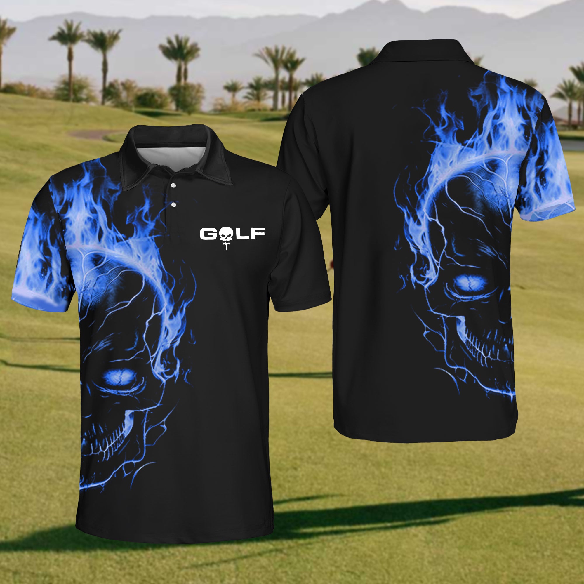 Golf Blue Flame Skull Polo Shirt
