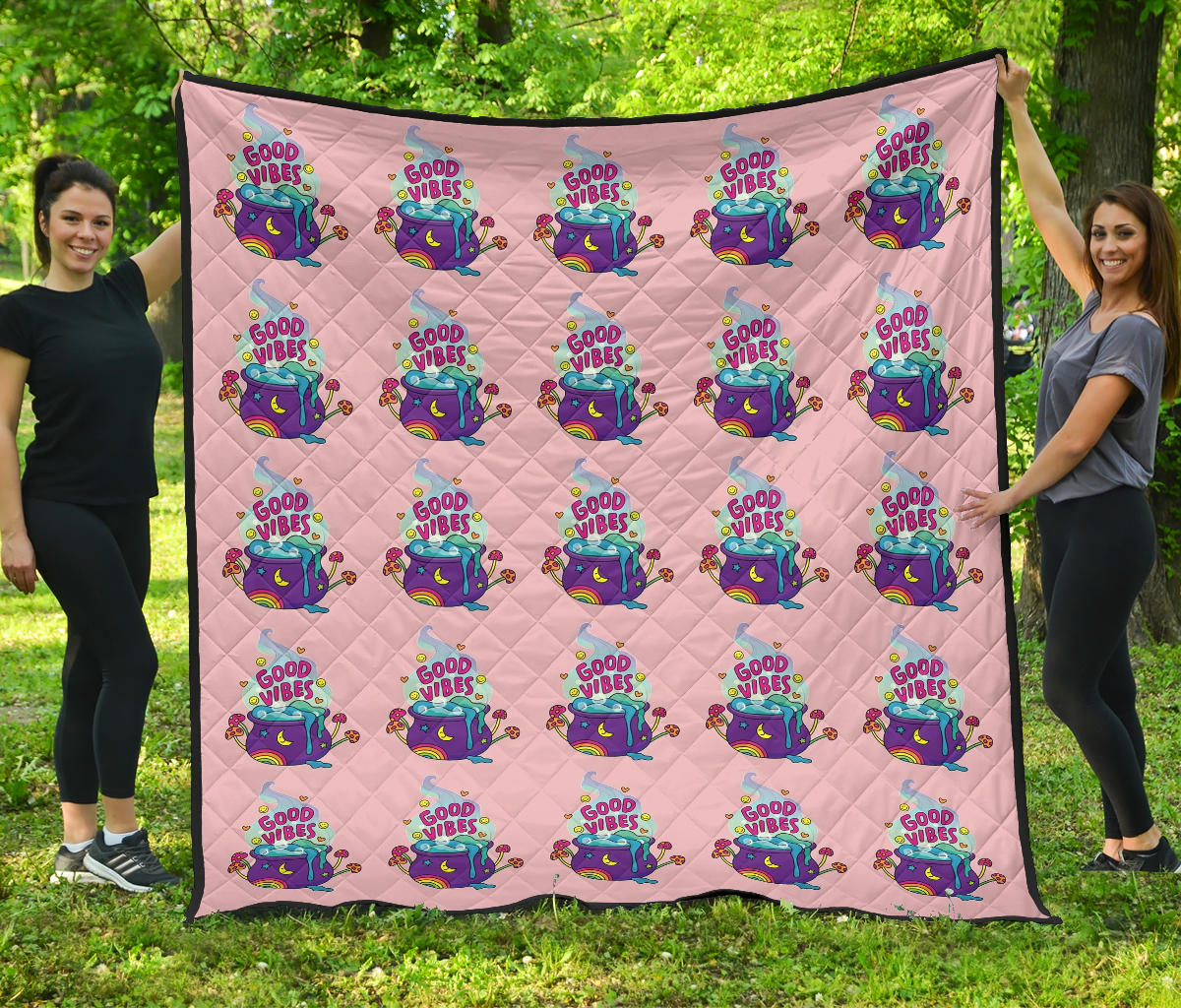 Halloween Premium Quilt | Good Vibes Witch Bowl Patterns Colorful Pink Quilt Blanket