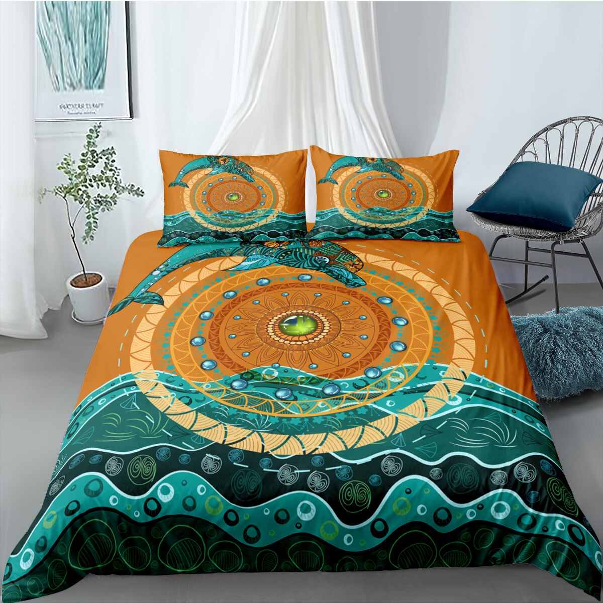 Funny Dolphin Bedding Set Bohemia Style 3D Print Luxury Twin Queen King Single Size Duvet Cover Set Home Textile Decor