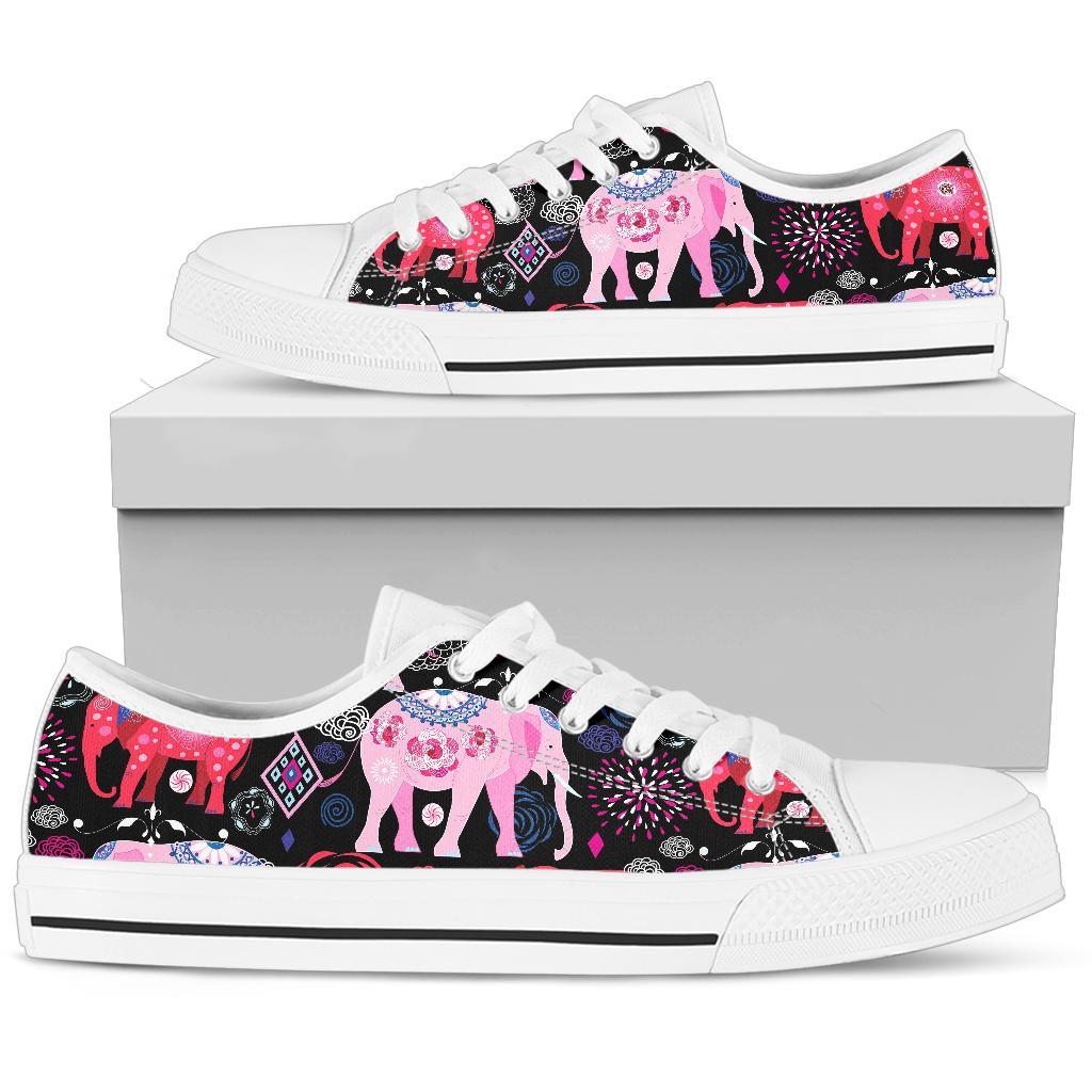 Pink Elephant Pattern White Bottom Low Top Shoes