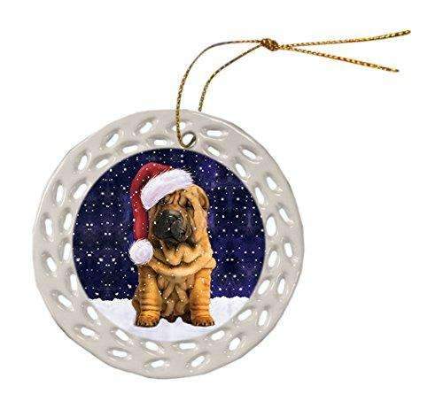 Let It Snow Christmas Holiday Shar Pei Puppy Dog Wearing Santa Hat Ceramic Doily Ornament D030