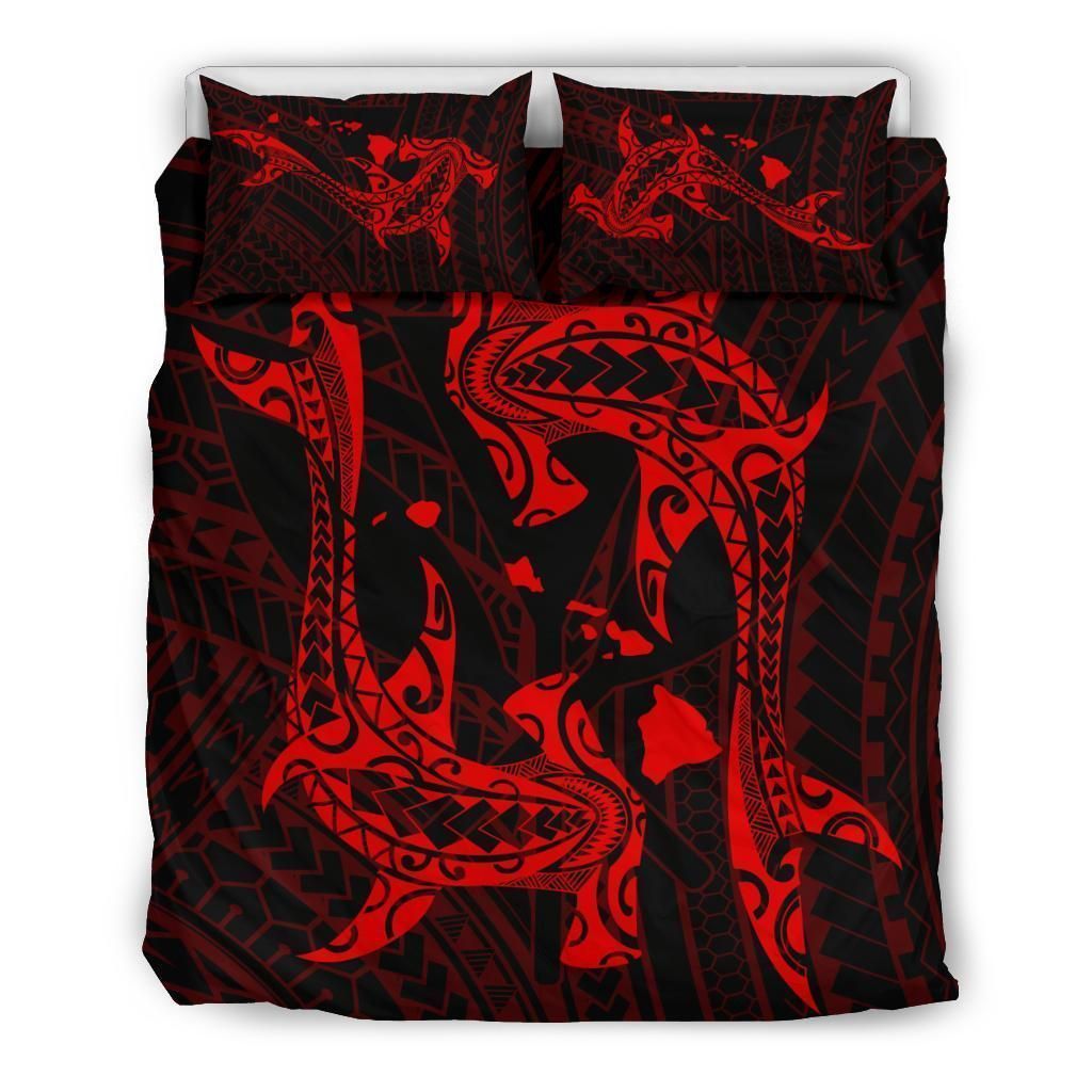 Alohawaii Bedding Set – Cover And Pillow Cases Hawaiian Map Hamerhead Shark Yin Yang Polynesian – Red – Ah J9