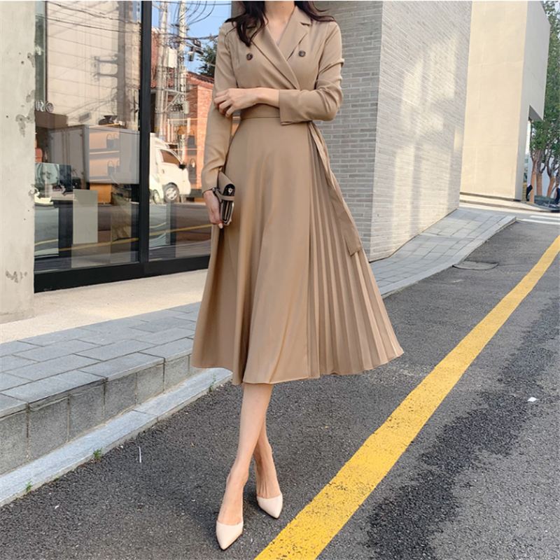 Vintage Winter Solid Women A-Line Dress Casual Korean V-Neck High Waist Mid-Calf Dresses Elegant Sashes Long Sleeve Empire Dress alx