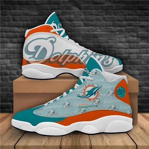 Women Miami Dolphins Air Jordan 13 High Top Leather Sneakers 003