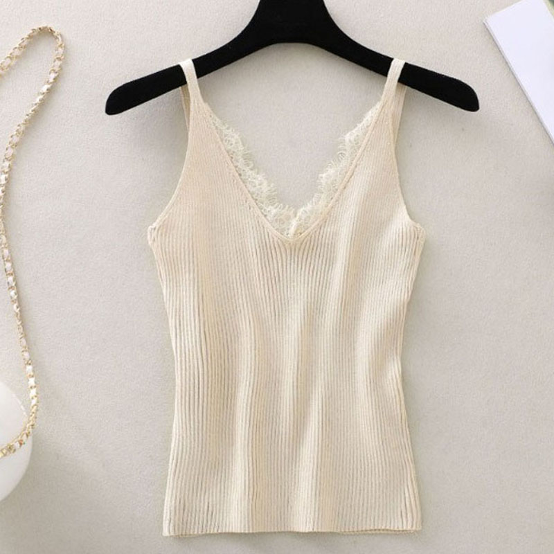 V-neck Lace Knitting Splice Solid Color Camisole Summer Casual Sleeveless Slim Sling Tanks Vest For Women Ladies Tops FS0731 alx