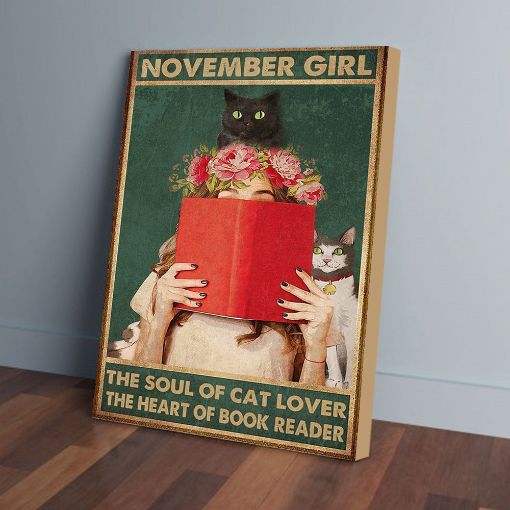 Book Cat November Girl Reading Canvas Prints - ReadingLLC