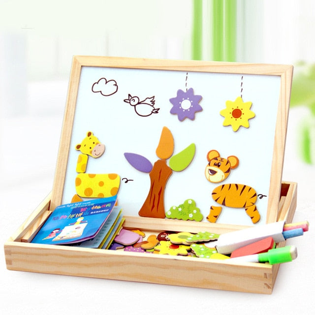 Wooden Magnetic Puzzle Toys Children 3D Puzzle Figure/Animals/ Vehicle /Circus Drawing Board 5 Styles Learning Wood Toys