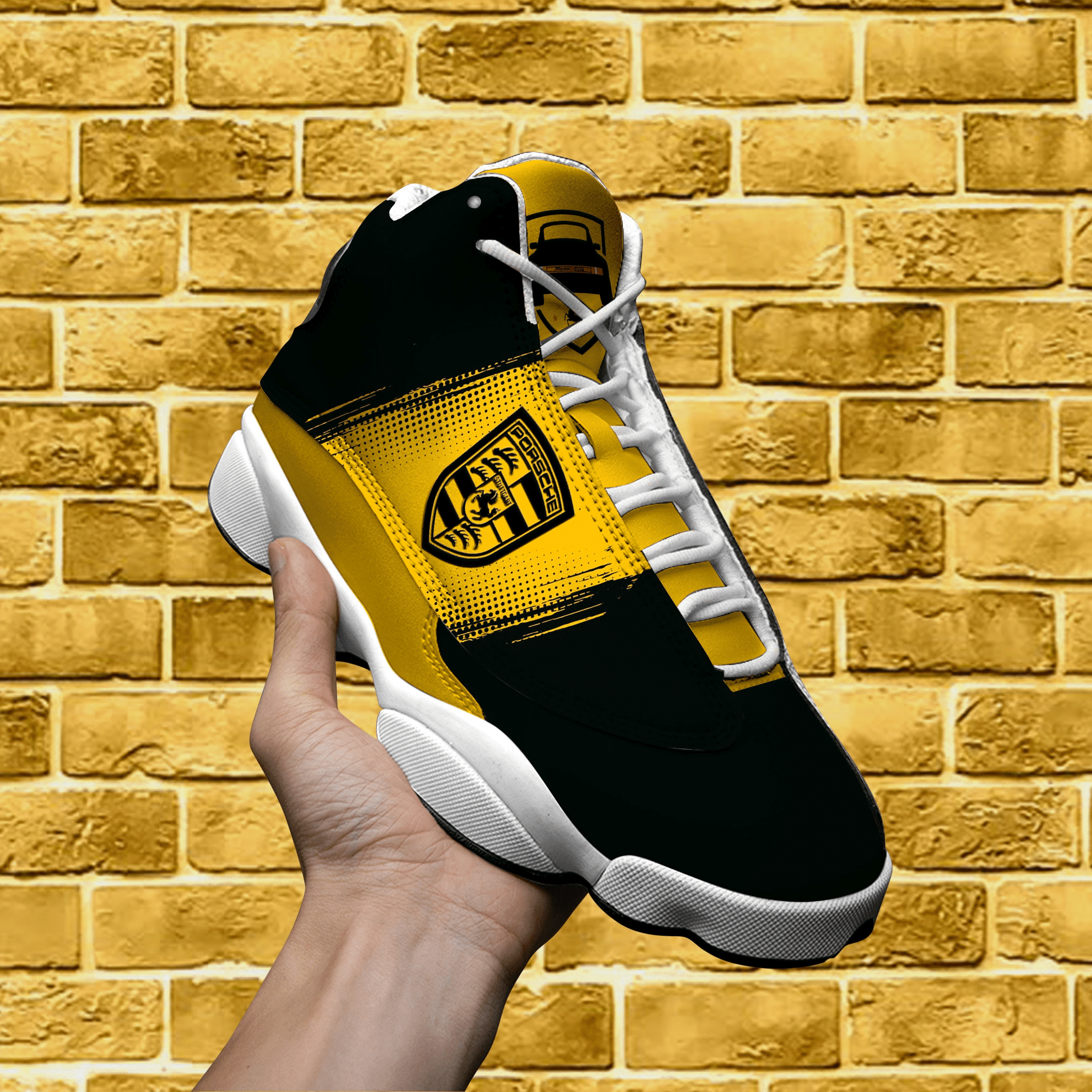 Porsche Logo Black And Yellow Air Jordan 13 Printing Shoes Sneaker