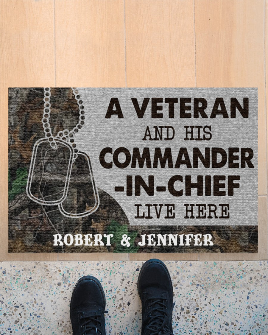 Tmarc Tee Personalized Veteran Camo Couple Live Here Doormat