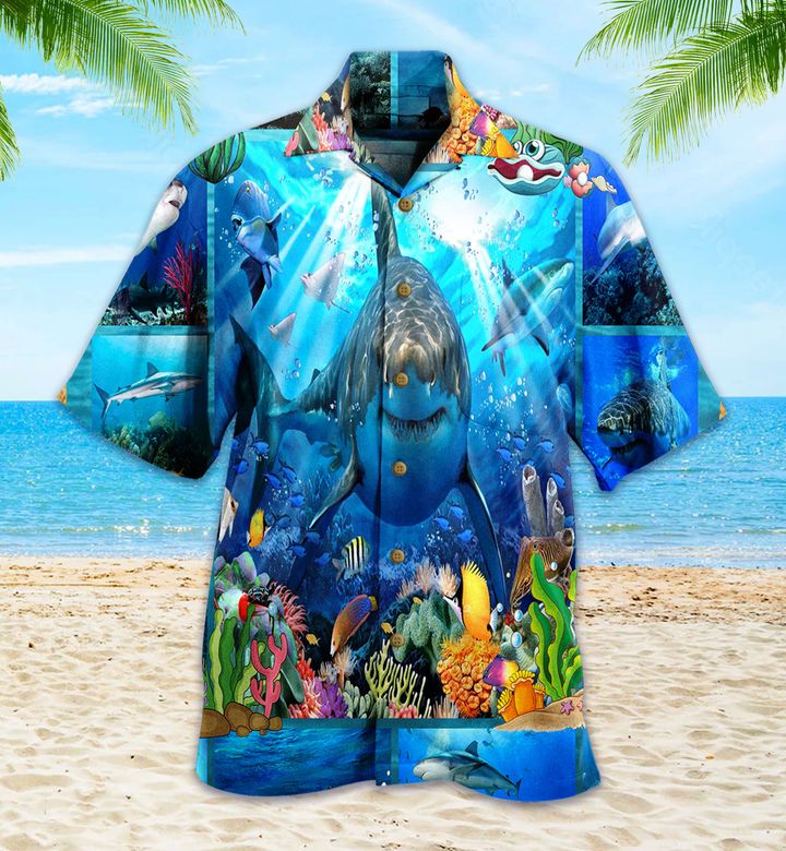 Shark Fish Coral Blue Hawaiian Shirt 3D