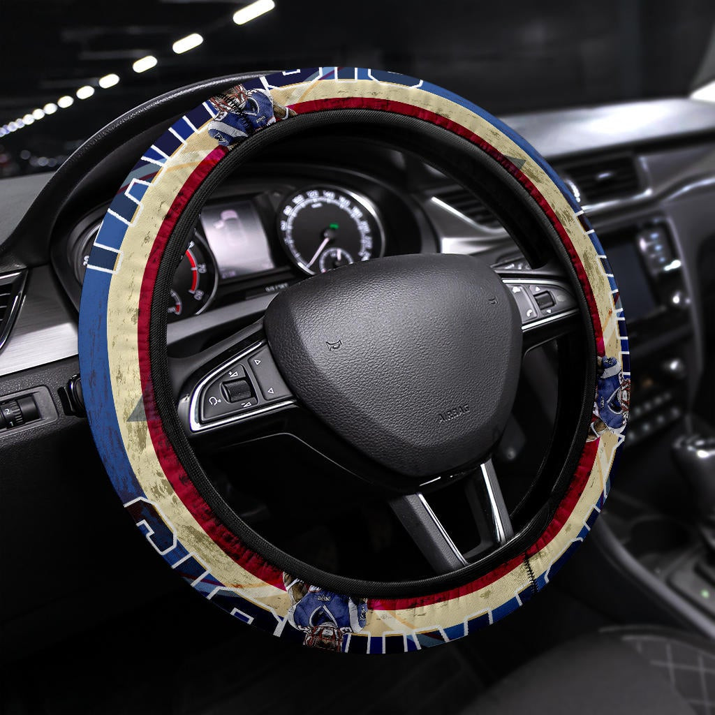 New England Patriots American Football Team Dwayne Allen Holding Rugby Ball And Running Steering Wheel Cover