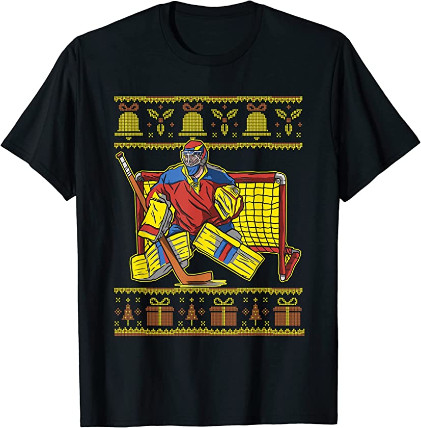 Ugly Christmas Ice Hockey Player Puck Santa Claus New Year T-Shirt