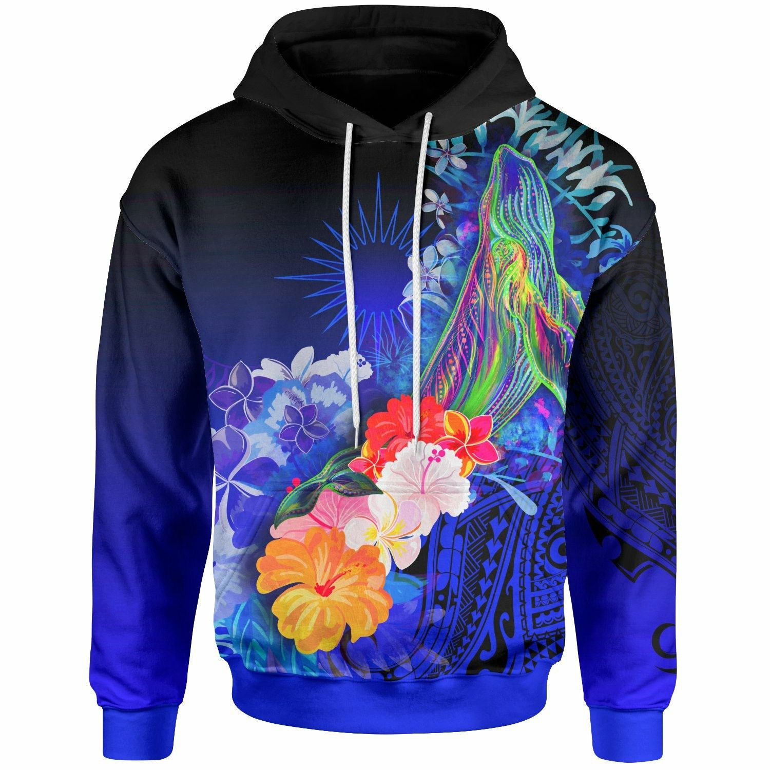 Marshall Islands Humpback Whale with Tropical Flowers Blue Unique 3D Printed Sublimation Hoodie Hooded Sweatshirt Comfy Soft And Warm For Men Women S to 5XL CTC16012441