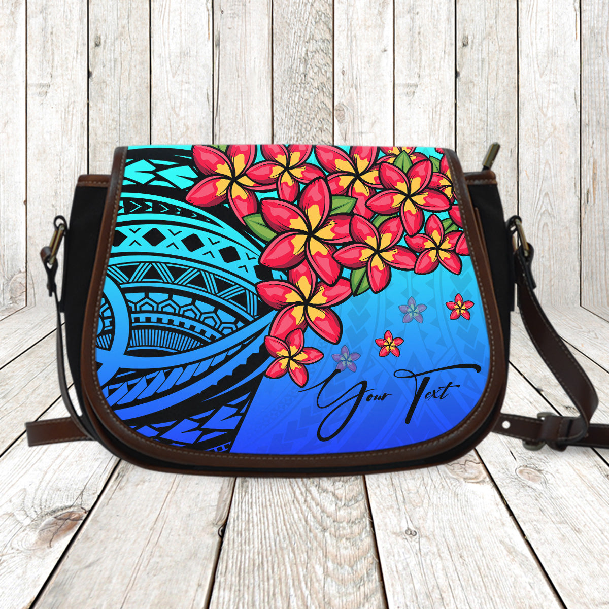 (Custom) Polynesian Plumeria Blue Saddle Bag Personal Signature A24