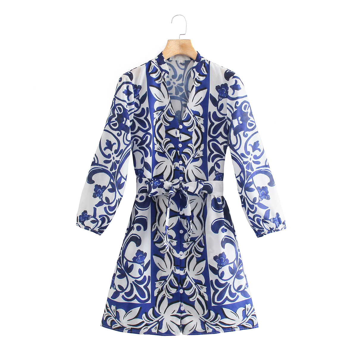 Zevity Women Vintage V Neck Blue Totem Floral Print Bow Sashes Shirt Dress Female Chic Breasted Casual Slim Mini Vestidos DS8629 alx