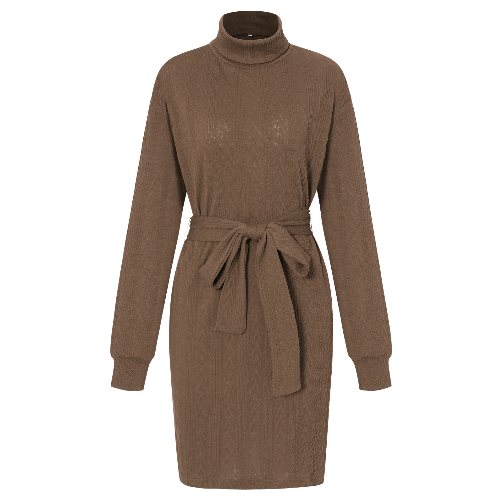 Women Autumn Winter Knitted Long Sleeve Dresses Turtleneck Khaki Midi Bodycon Elegant Dress with Belt Arrow Striped Solid Color alx