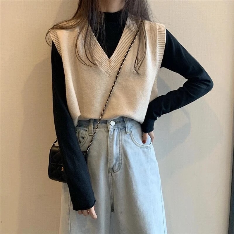 Sweater Vest Women 2021 Autumn Winter Fashion Girls Solid Outerwear Knitted Loose V-Neck Sleeveless Female Harajuku Pullover Top alx