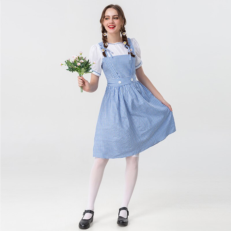 Spring Girl the Wizard of Oz Dorothy New Halloween Cosplay Princess Light Blue Check Dress alx