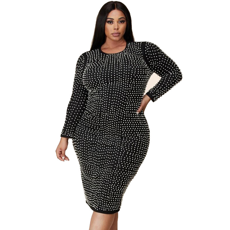 XL-5XL Winter Plus Size Dress Black Long Sleeve O Neck Solid Color Bubble Bead Split Slim Sexy Elegant Wholesale Dropshipping alx