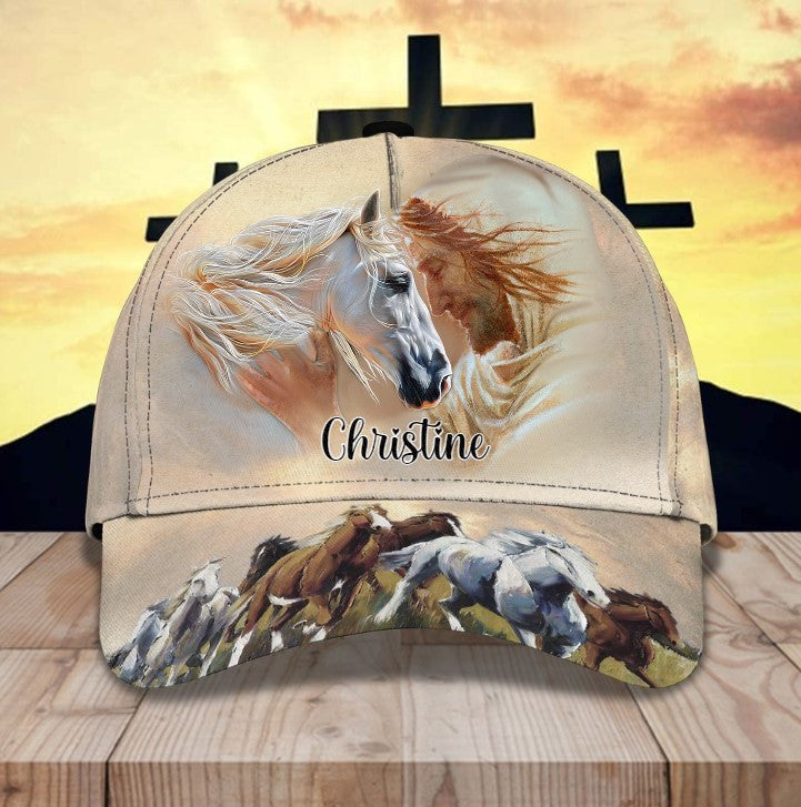 Personalized Horse And Jesus 3D Baseball Cap, Custom Horse Hat For Horse Lovers