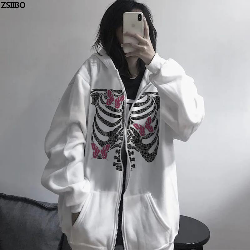 Women y2k hooded jacket grunge streetwear cotton zip-up rhinestone butterfly skull print winter Goth Punk Oversized sweatshirts alx