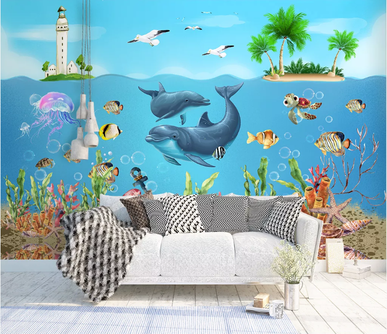 3D Blue Seabed Lighthouse Dolphin Wall Mural Wallpaper 2289