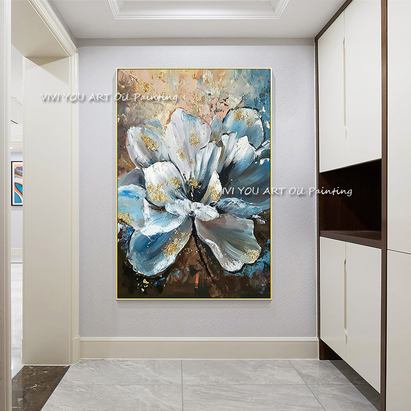 The Foil Large Flower Handmade Oil Paintings On Canvas Blue Creative New White Wall Art Pictures For Office Nature Decoration alx