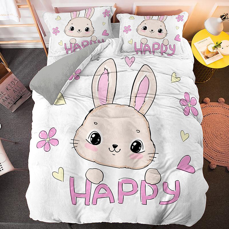 Cartoon Rabbit Bedding Sets Cute Happy Dream Lettered King Size Duvet Cover Pillowcase Textile For Girls