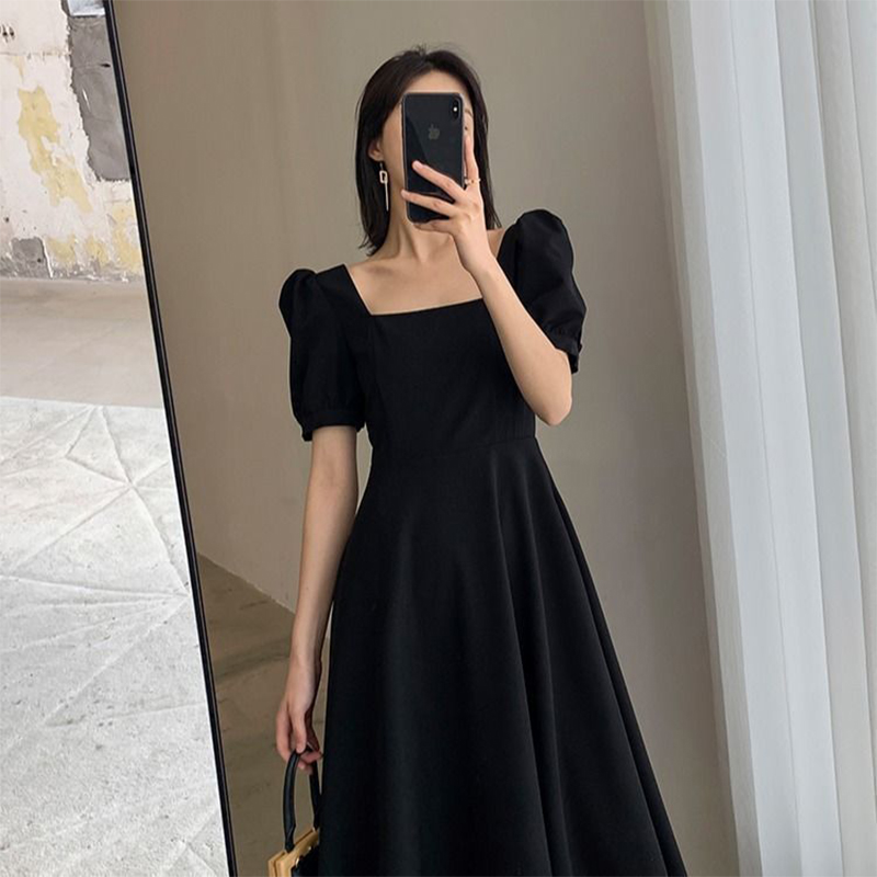 Women’s Spring Summer Style Dress Solid Color Square Neck Puff Sleeve Patchwork Korean Elegant Dress AA3212 alx