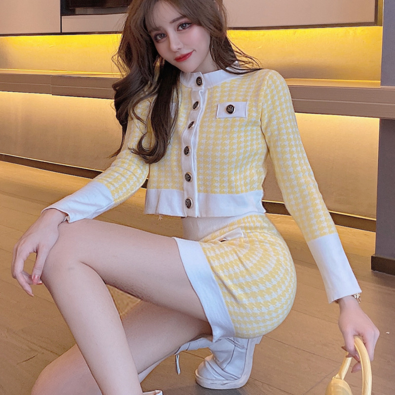 Autumn Women’s Two-piece French Fashion Temperament Houndstooth Long-sleeved Jacket + High-waisted Thin Elastic Waist Skirt Suit alx