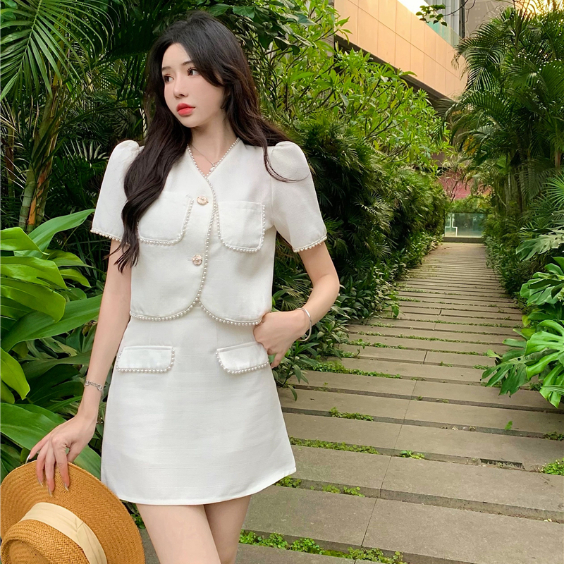 Small Fragrance Two Piece Set Women Summer Short Sleeve Pearl Cardigan Crop Tops + High Waist A-Line Skirt 2 Piece Suits alx