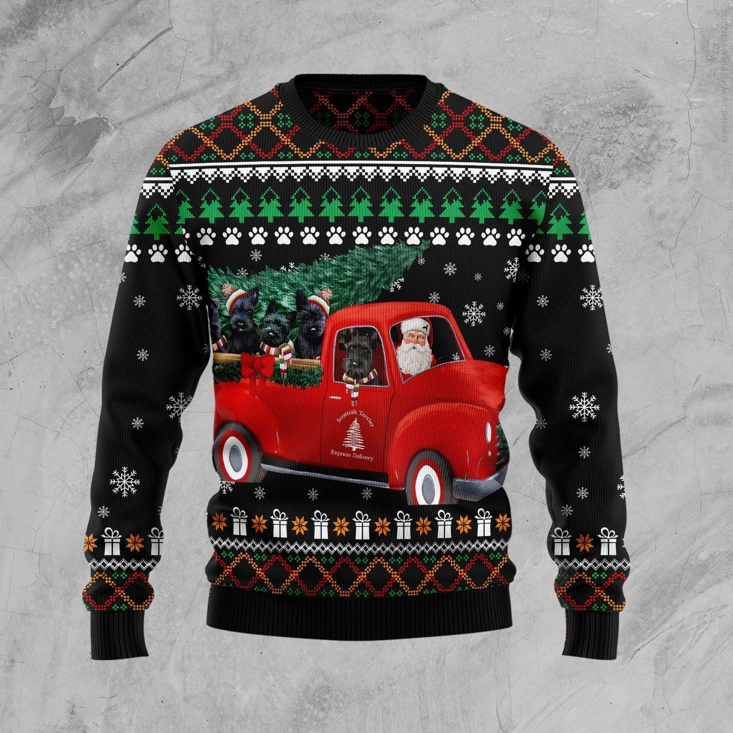 Scottish Terrier And Red Truck Christmas Ugly Sweater