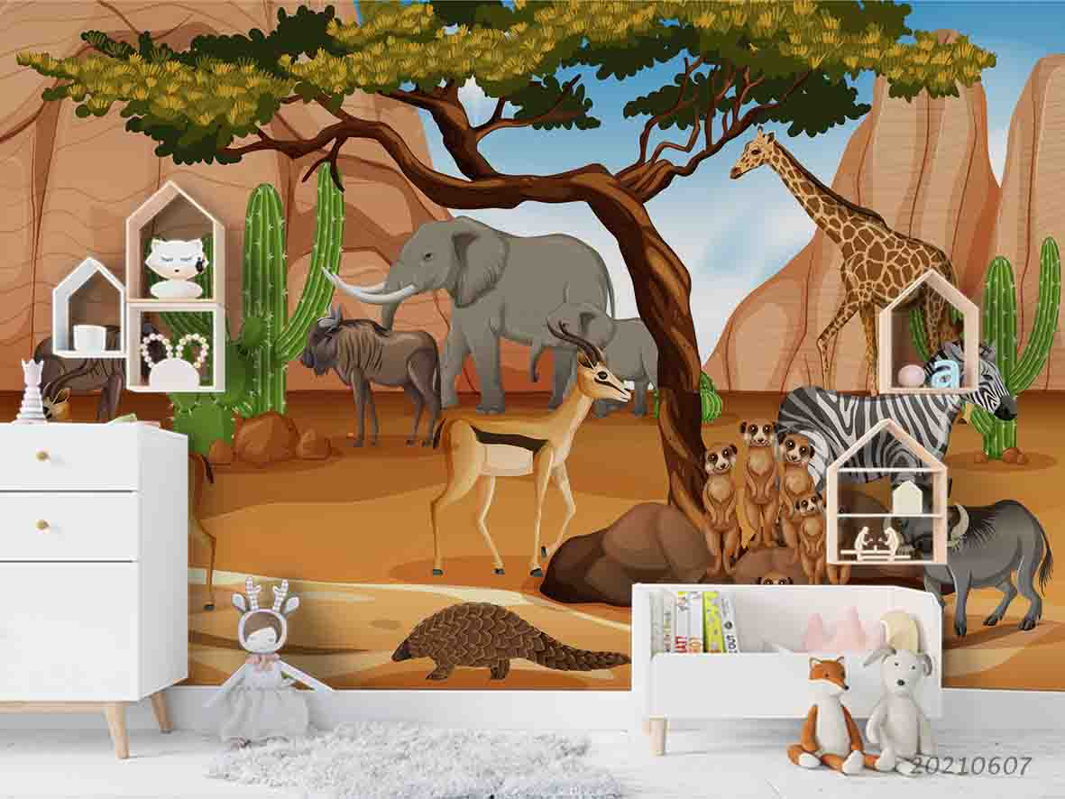 3D Hand Draw Zoo Giraffe Elephant  Antelope Zebrawall Mural Wallpaper Sww1147