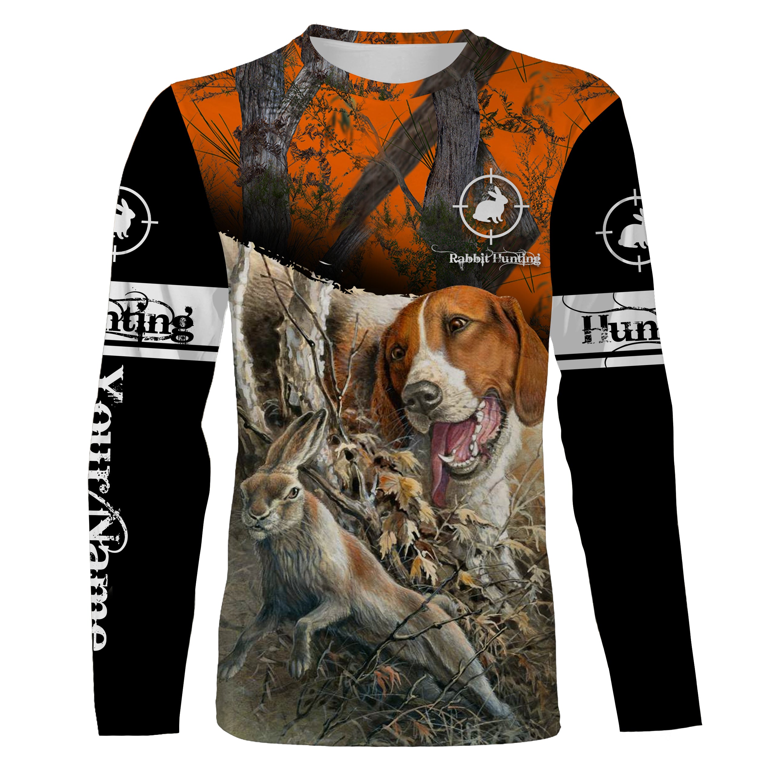 Rabbit Hunting With Beagle Orange Camo Custom Name 3D All Over Print Shirts, Face Shield – Personalized Hunting Gifts Nqs2609