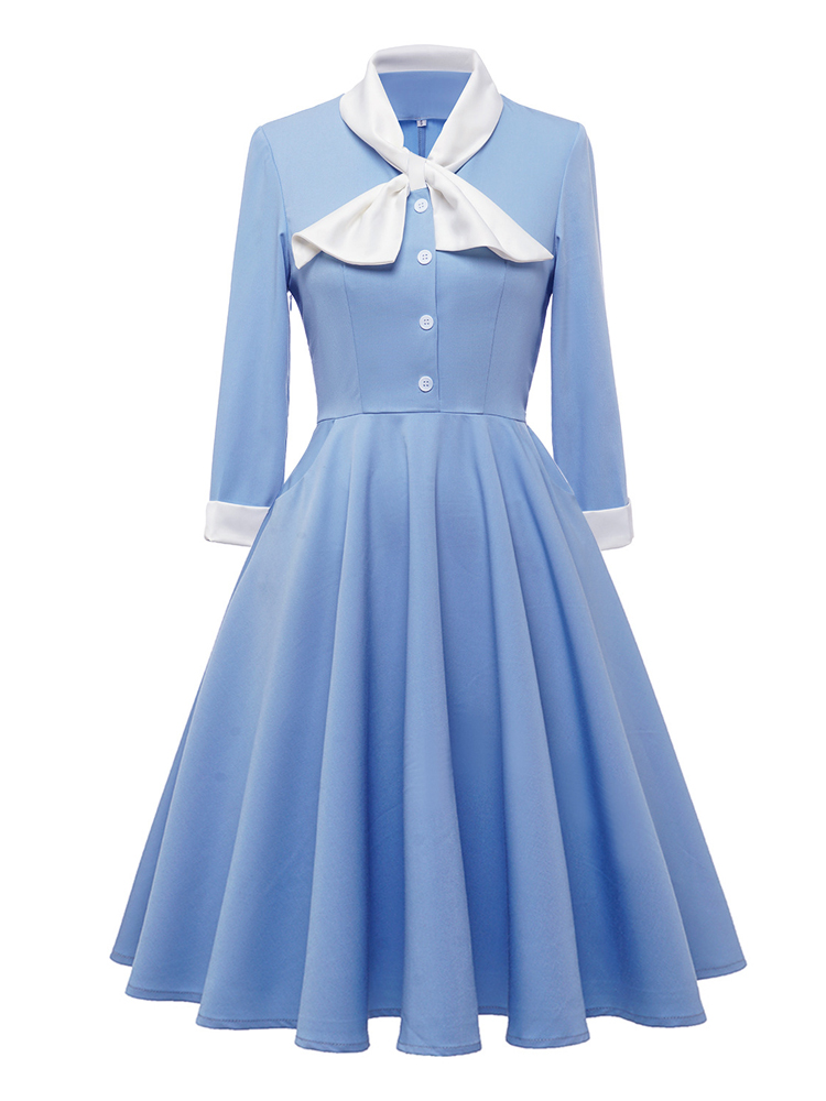 Tonval Bow Neck Button Front Blue Robes A-Line Vintage Midi Swing Dresses for Women 3/4 Length Sleeve Spring Elegant Dress alx