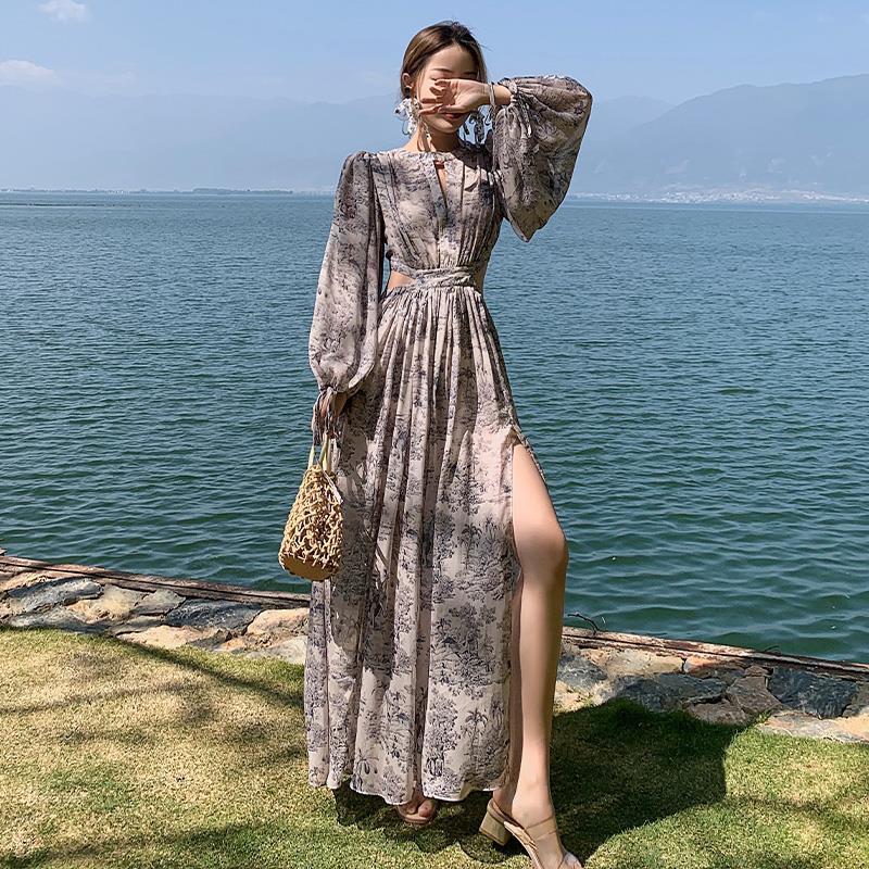 Vintage Beach Floral Maxi Dress Women Elegant Hollow Out Korean Holiday Split Dress Female Casual Long Sleeve Fairy Party Dress alx