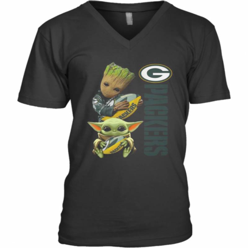 Baby Groot And Yoda Hug Green Bay Packers V-Neck T-Shirt