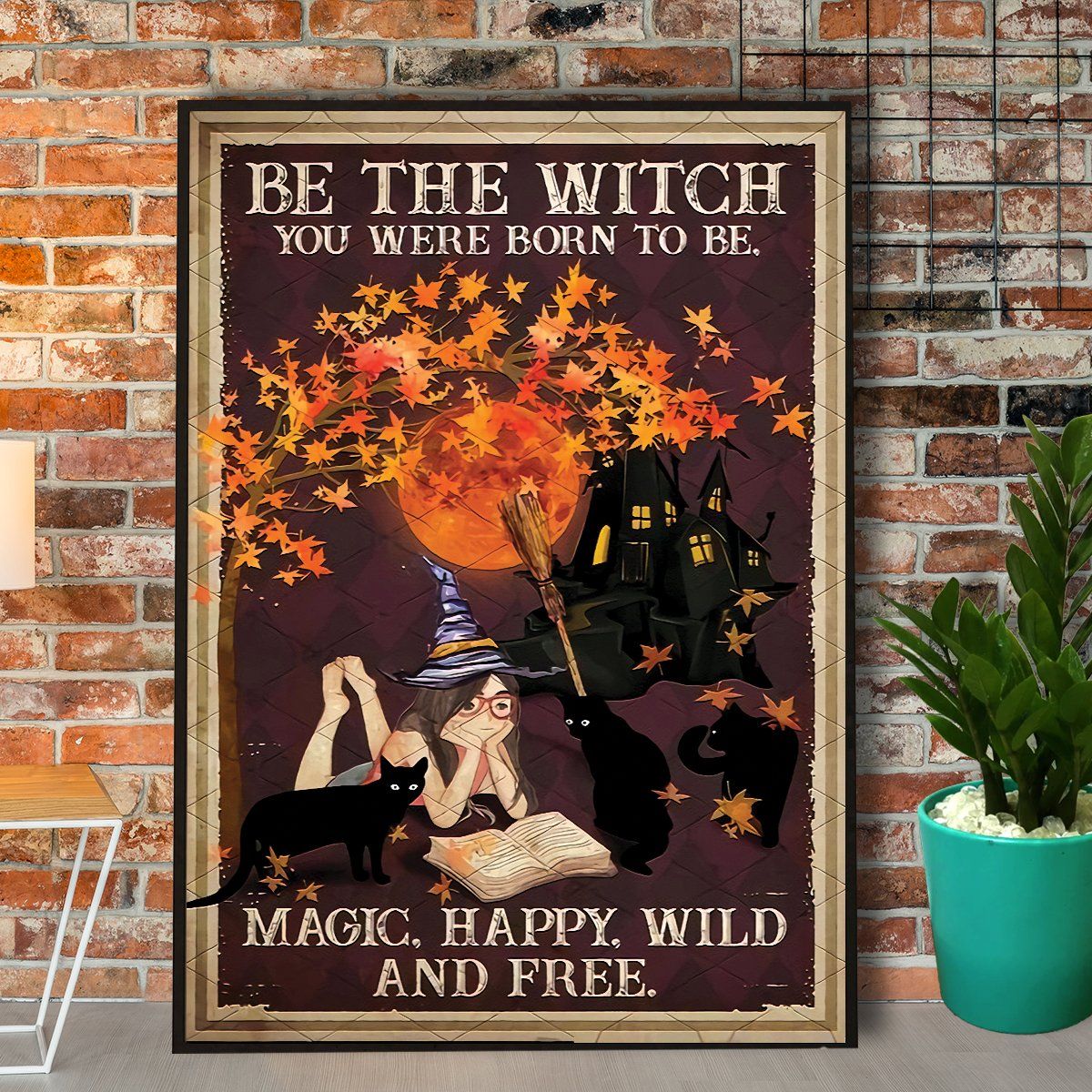 Halloween Be The Witch You Were Born To Be Cute Witch & Black Cat Read Book Canvas Prints Poster Wall Art Decor