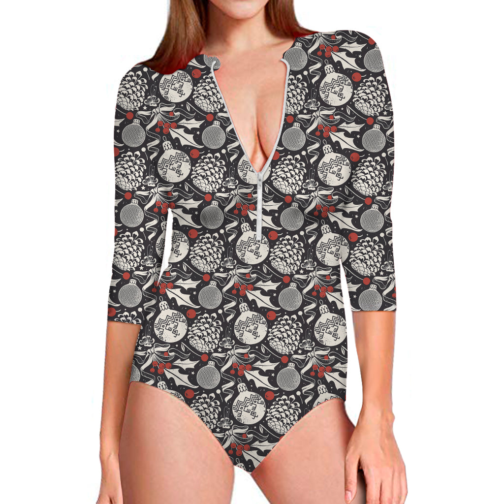 Vintage Christmas Decorations Print Long Sleeve One Piece Swimsuit