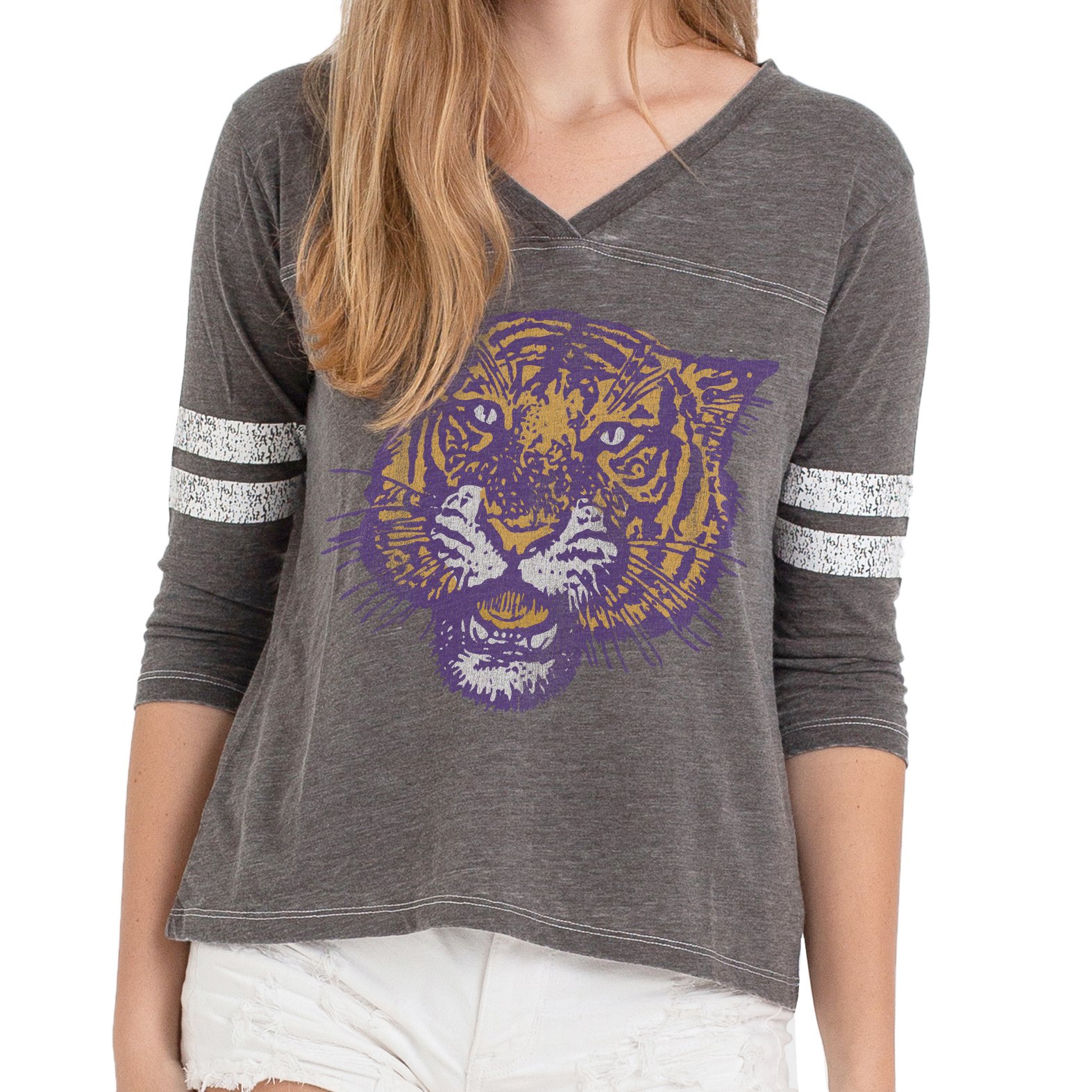 B&B Dry Goods LSU Tigers Women’s 78 Tiger 3/4 Sleeve Football V-Neck – Black