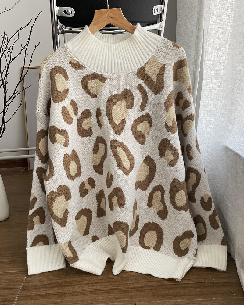 WYWM 2022 Winter New Leopard Print Sweater Women Basic Loose Knitted O-neck Pullovers Ladies Oversize Warm Female Clothing alx