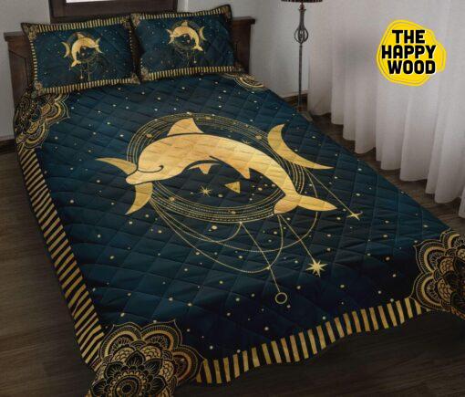 Dolphin Moon Star Gold Mandala Style Quilt Bed Set And Pillow Covers