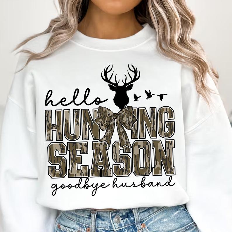 Hello Hunting Season Goodbye Husband Sweater, Camo Coquette Bow Tee, Hunting Camo Dude Shirt, Girls Camo Bow Sweatshirt, Full Sizes, Full Colors, Cotton Round Neck Tee Tops