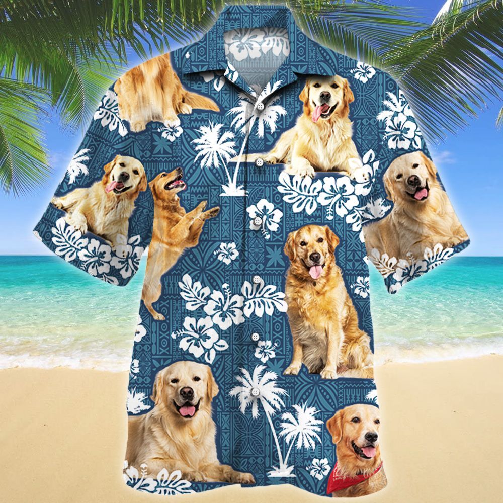 Golden Retriever Dog Blue Tribal Pattern Hawaiian Shirt Ha91625