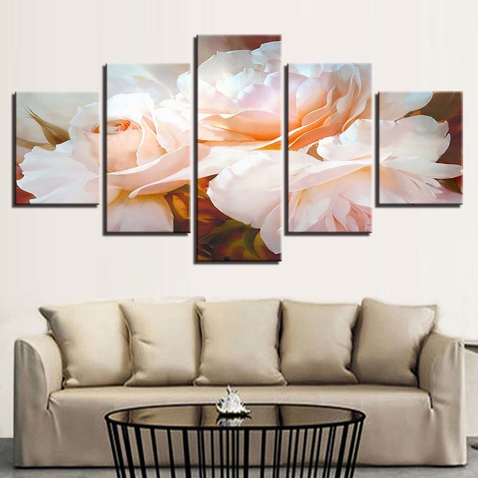 White Flowers 5 Piece Hd Multi Panel Canvas Wall Art Frame
