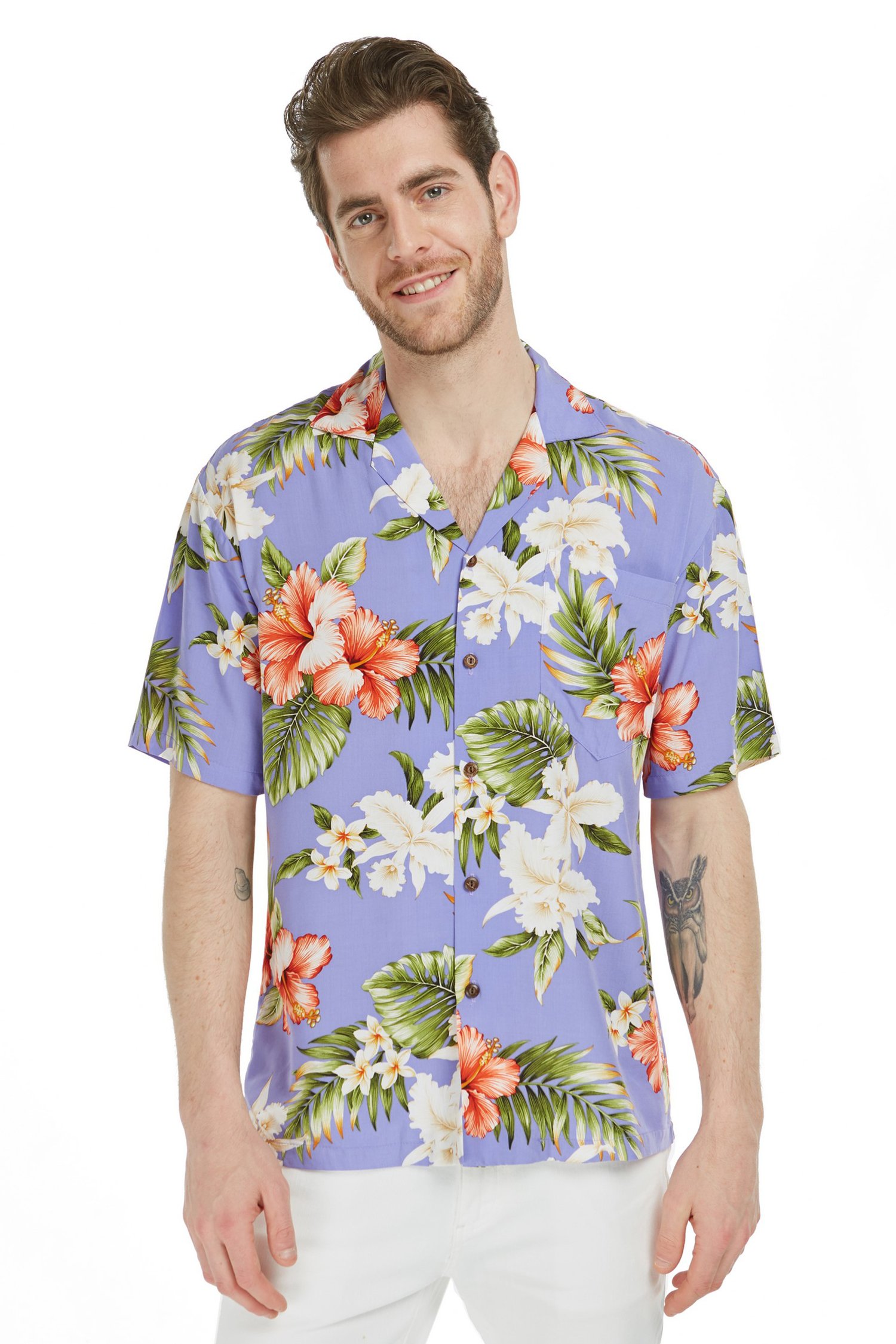 Men's Aloha Shirt Orchids and Hibiscus in Purple - Pinotee Store